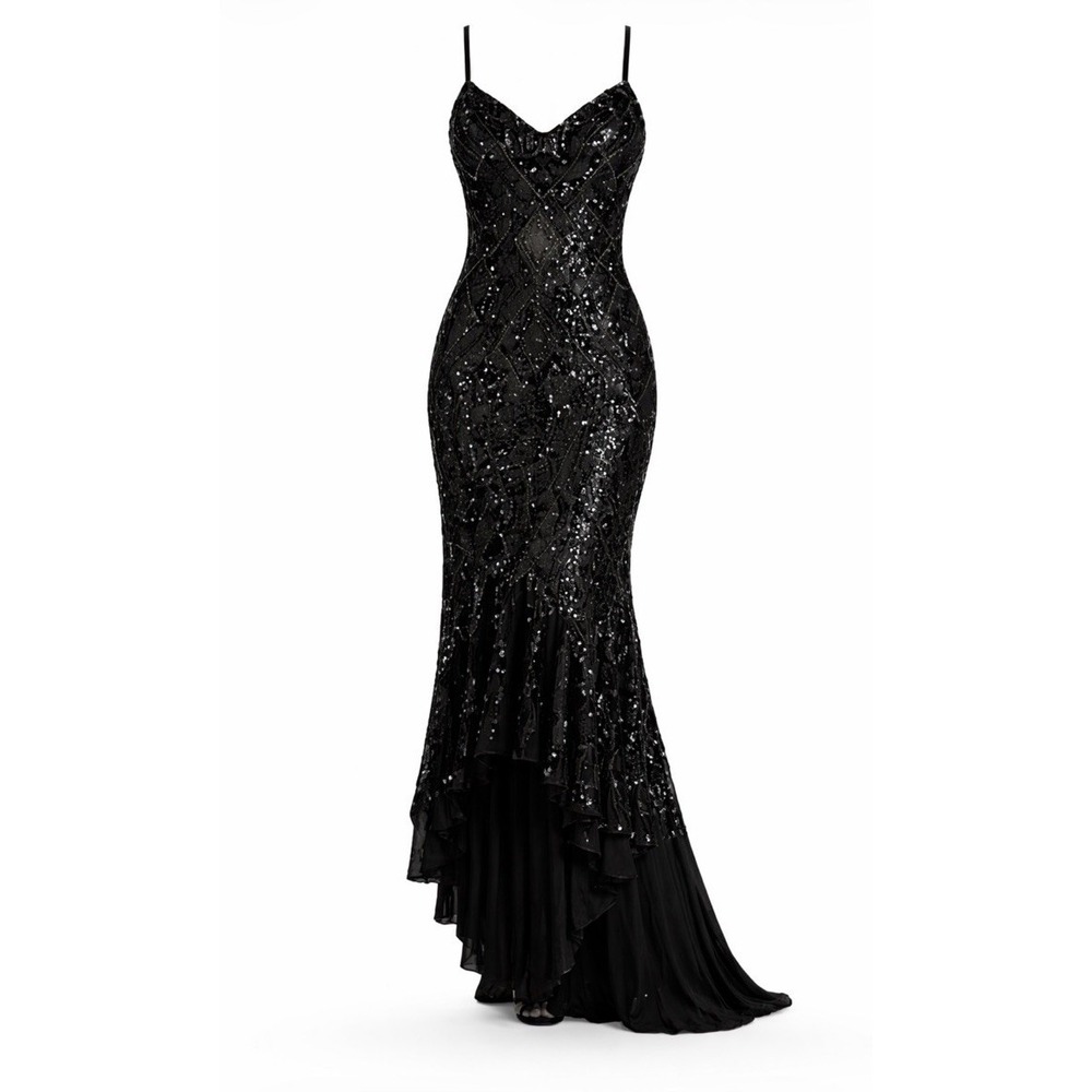 NWT Mandalay Black Sequin High Low Maxi Gown Evening Formal Dress Womens Size 6